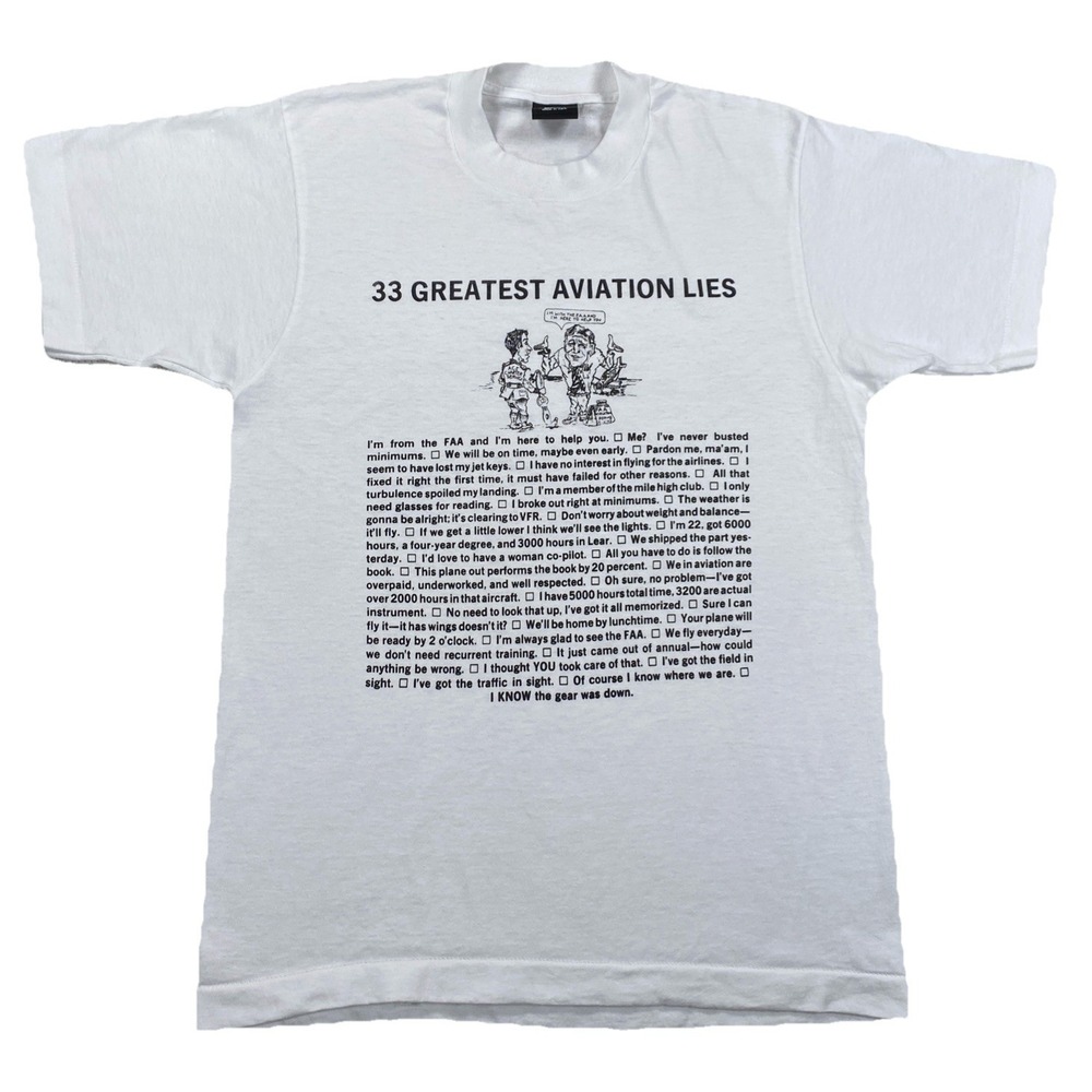 Vintage 33 Greatest Aviation Lies T-Shirt FAA White Single Stitch Size Medium
